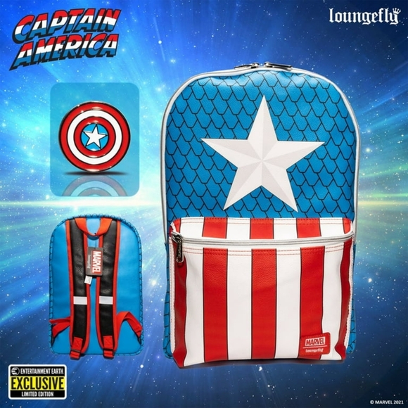 Loungefly Handbags - NWT: Loungefly Captain America Cosplay Backpack with Pin Set
